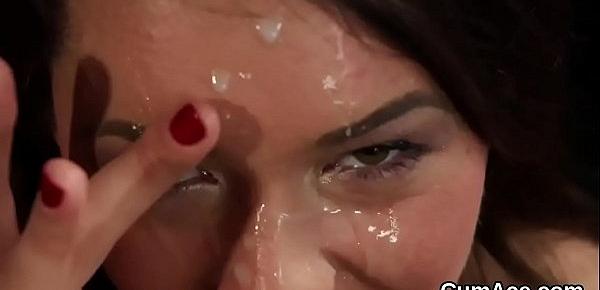  Foxy model gets cum shot on her face eating all the load